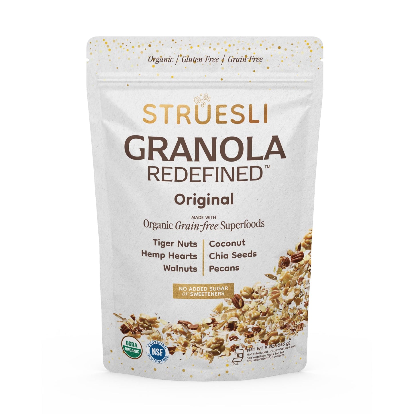 Struesli Original Organic Granola, Grain & Gluten Free, Healthy Snacks with Chia Seeds, Nuts and Sea Salt, Prebiotic High Fiber Food for Yogurt