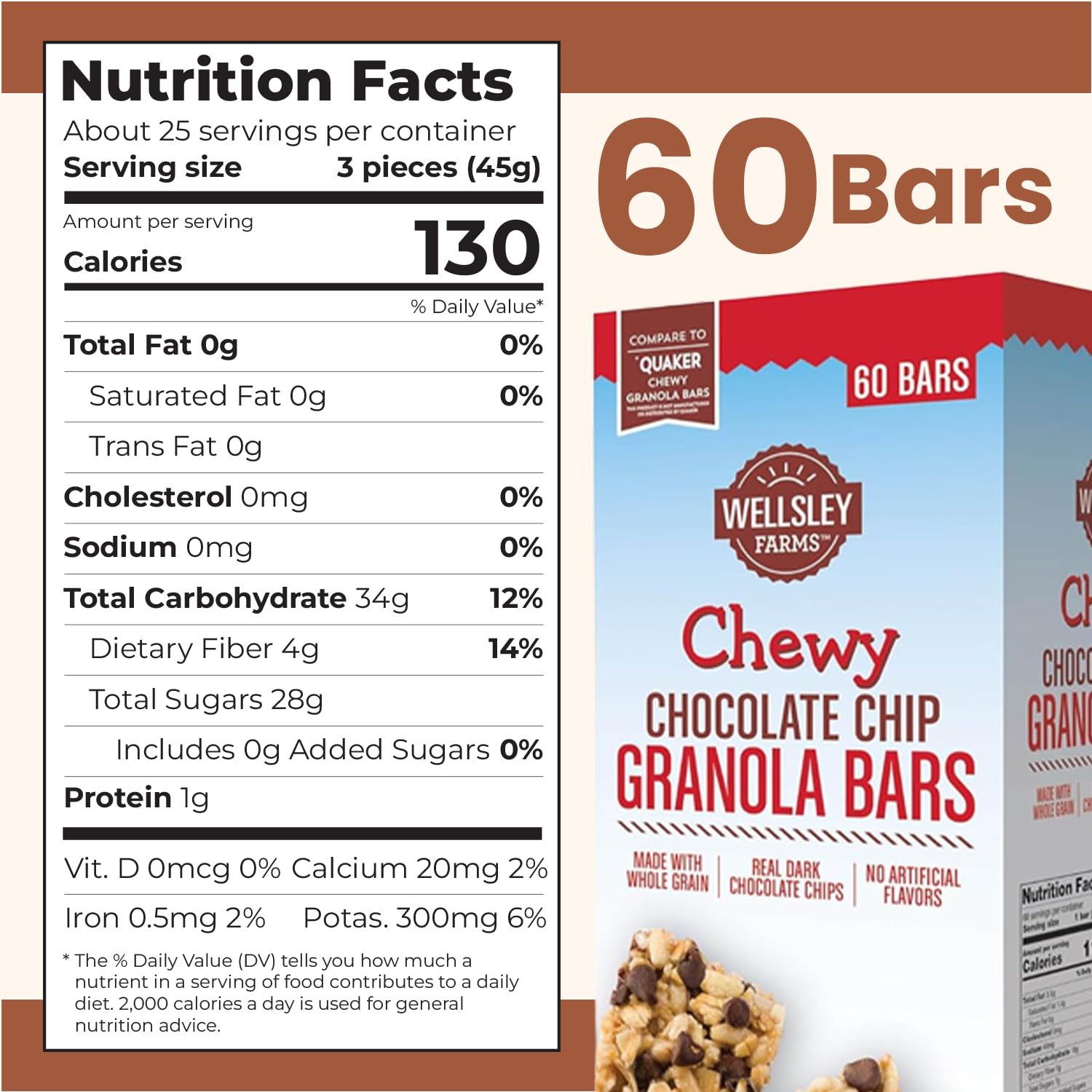 Wellsley Farms Chewy Chocolate Chip Granola Bars - No High-Fructose Corn Syrup - Vegetarian - Whole Grain Granola Bars - 110 Calories Per Bar