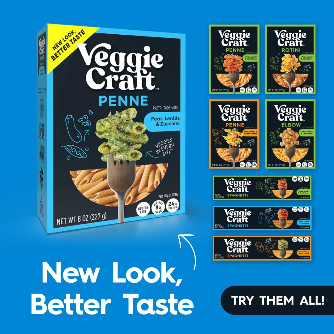 Veggiecraft Farms Penne Pasta - Low Carb, Protein Lentil Pasta with Peas & Zucchini, Plant Based, Keto-Friendly, Gluten Free, Vegan - 8 Oz