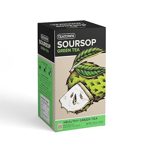 Premium Caffeinated Ceylon Soursop Graviola Green Tea Bags: 25 Count Individually Wrapped Teabags All-Natural Exotic Fruit Essence & Aroma Hot or Iced