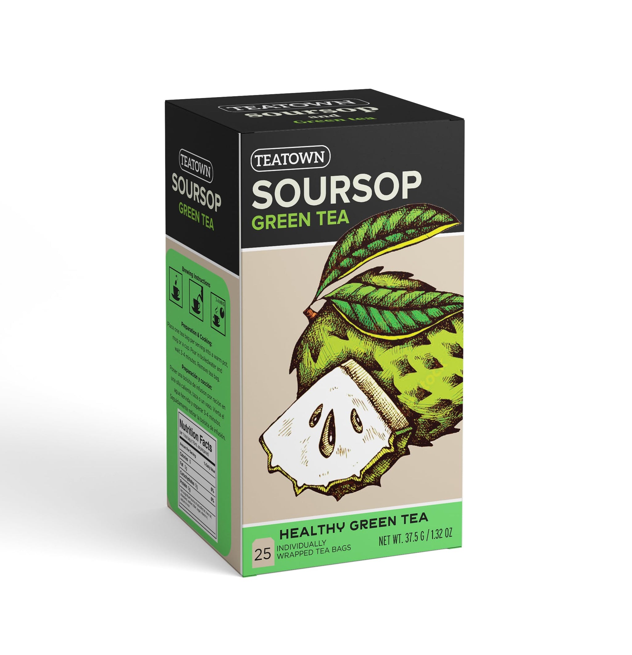 Premium Caffeinated Ceylon Soursop Graviola Green Tea Bags: 25 Count Individually Wrapped Teabags All-Natural Exotic Fruit Essence & Aroma Hot or Iced
