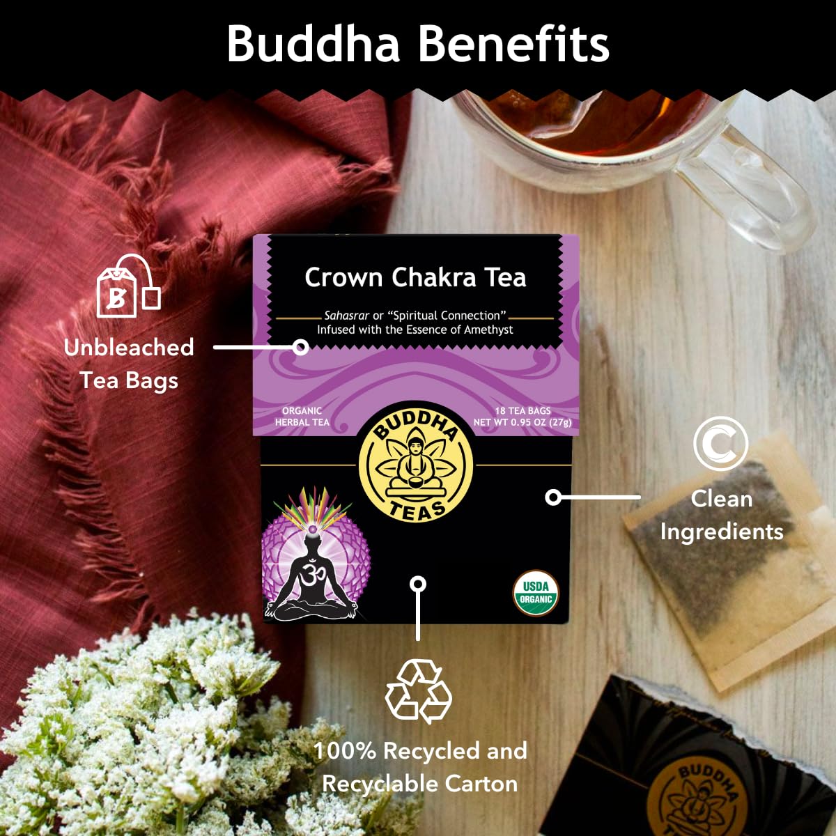 Buddha Teas - Crown Chakra Tea - Organic Herbal Tea - For Spiritual Connection - With Lavender, Gotu Kola Leaf, Rose Petal & Amethyst Essence - 100%