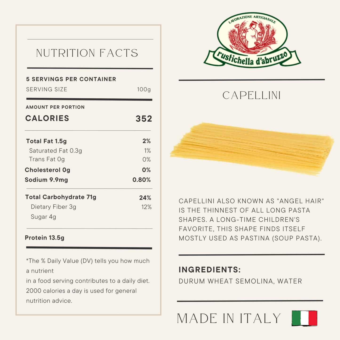 Rustichella d'Abruzzo Capellini - 500g Angel Hair Pasta - Classic Durum Wheat from Italy, Perfect for Soups & Light Sauces, 1 Pack