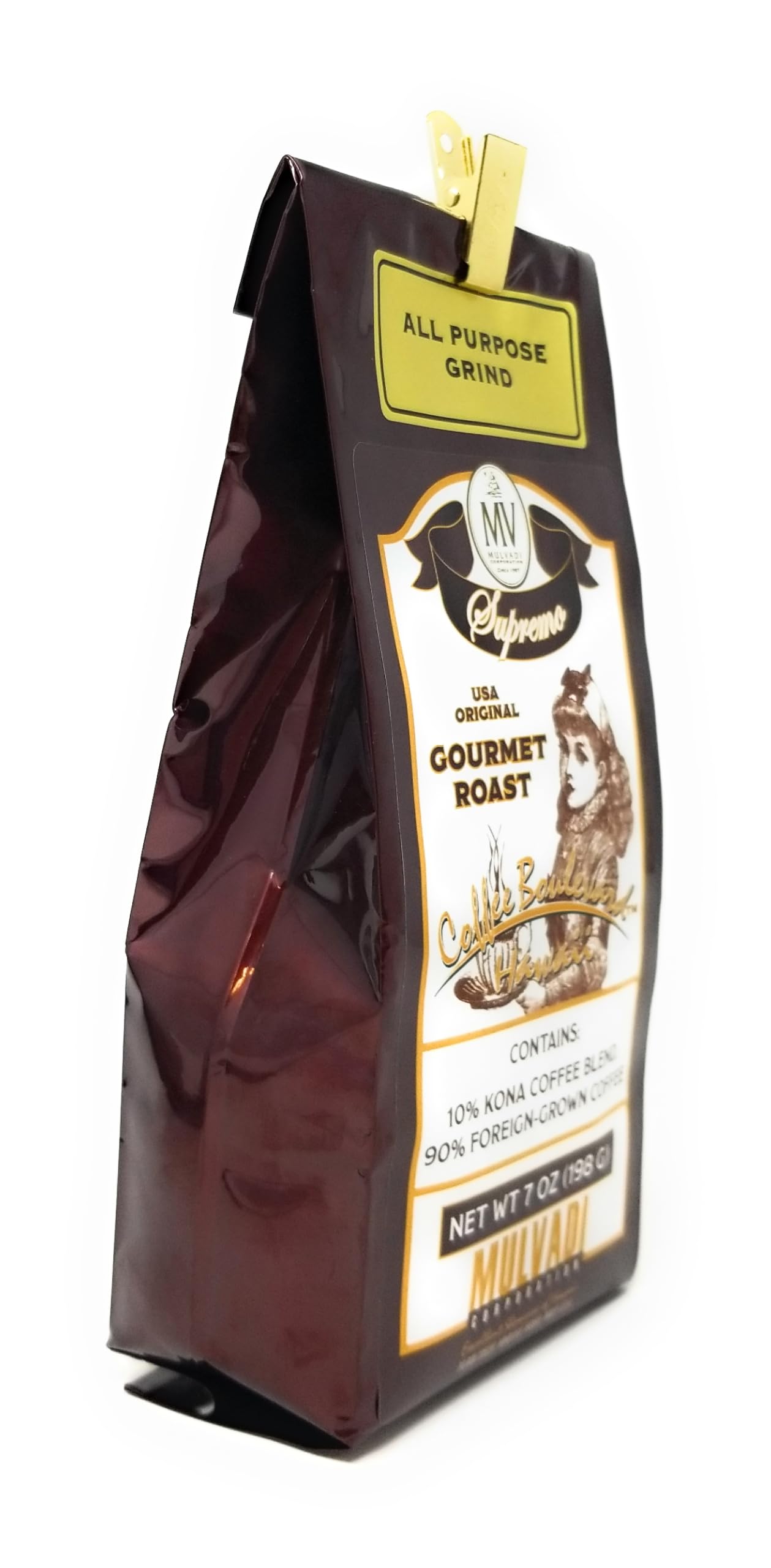Mulvadi 10% Kona Coffee Blend, All Purpose Grind, 7 oz Resealable Bag with Aloha Hawaii Bag Clip - Medium Roast Hawaiian Coffee Blend