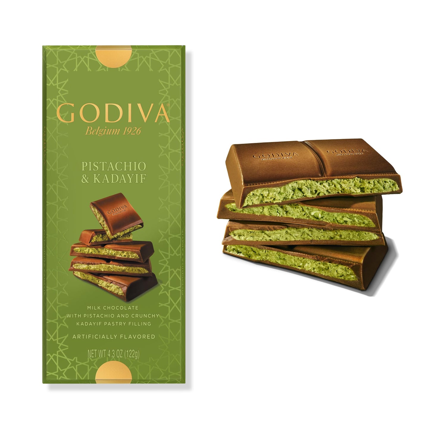 Godiva Dubai Style Milk Chocolate Bar, Gourmet Chocolate with Creamy Pistachio Filling & Crispy Kadayif, Premium Chocolate Gift for Mother's Day, 122g