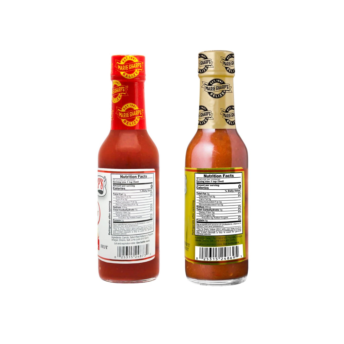 Marie Sharp's HOT and FIERY HOT Habanero Pepper Sauce Combo, 5oz each