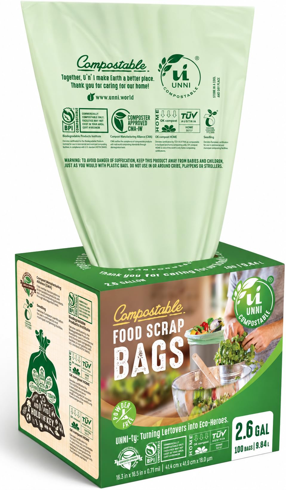 UNNI Compostable Trash Bags, 2.6 Gallon / 9.84 Liter, 100 Count, Extra Thick 0.71 Mil Small Kitchen Food Scrap Bin Liners, Certified by BPI, CMA & OK