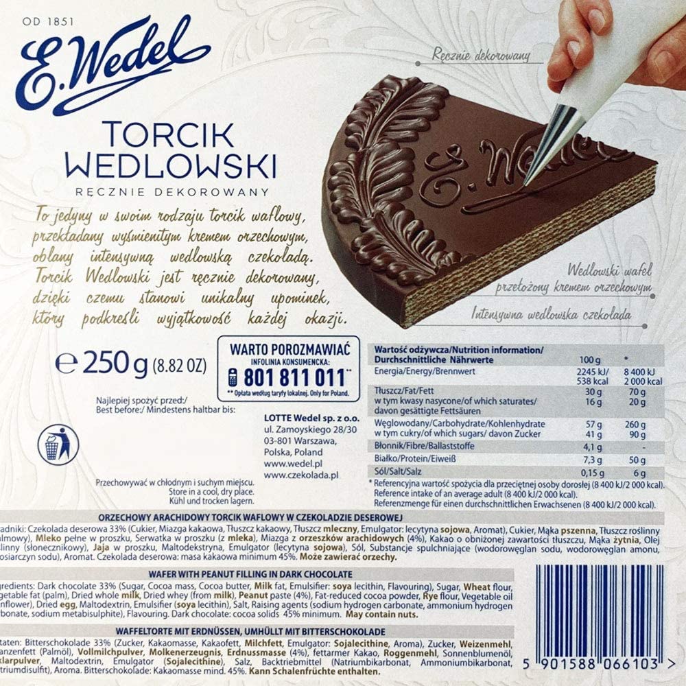 Torcik Wedlowski, Polish Wafer Cake with Dark Chocolate by Wedel (Pack of 3)