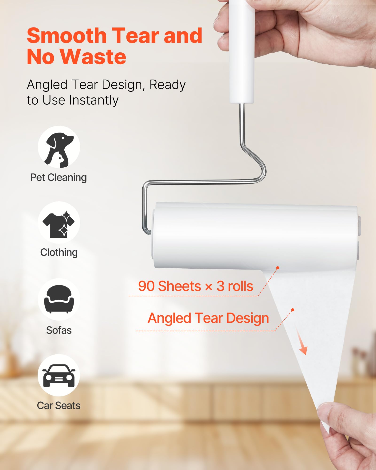 VEVOR Sticky Lint Roller, 3 Pack Large Pet Hair Rollers Remover Set, 270 Sheets Extra Sticky Lint Roller with Upgraded Handle, Portable Cat and Dog
