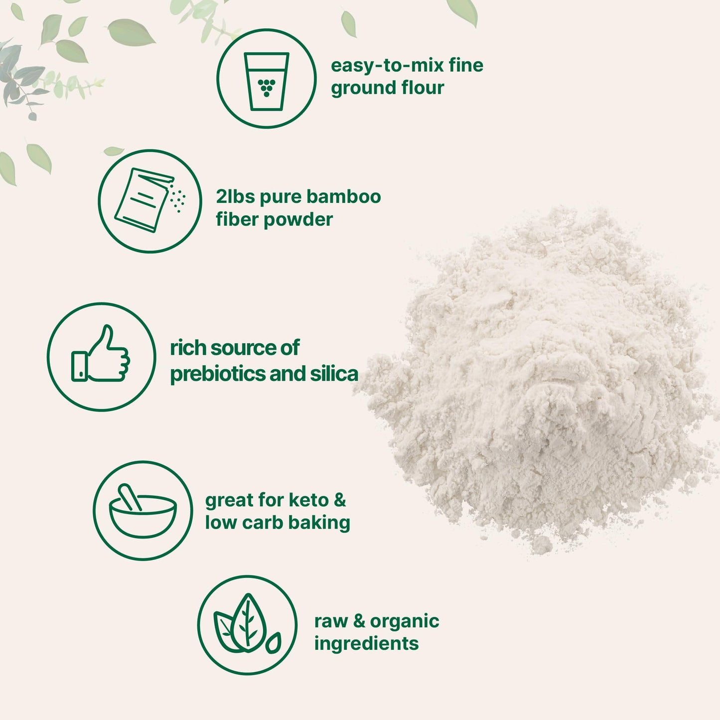 Organic Bamboo Fiber Powder, 2lbs | Keto Flour for Low-Carb Baking & Cooking | Low Calorie Flour | Rich in Silica, Prebiotics, & Minerals | Non-GMO
