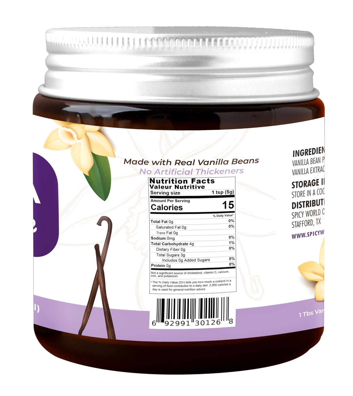 Spicy World Vanilla Bean Paste 4oz Jar - All Natural & Pure - Made with Organic Agave Syrup - For Cooking, Baking & Desserts - 100% Vegan & Kosher