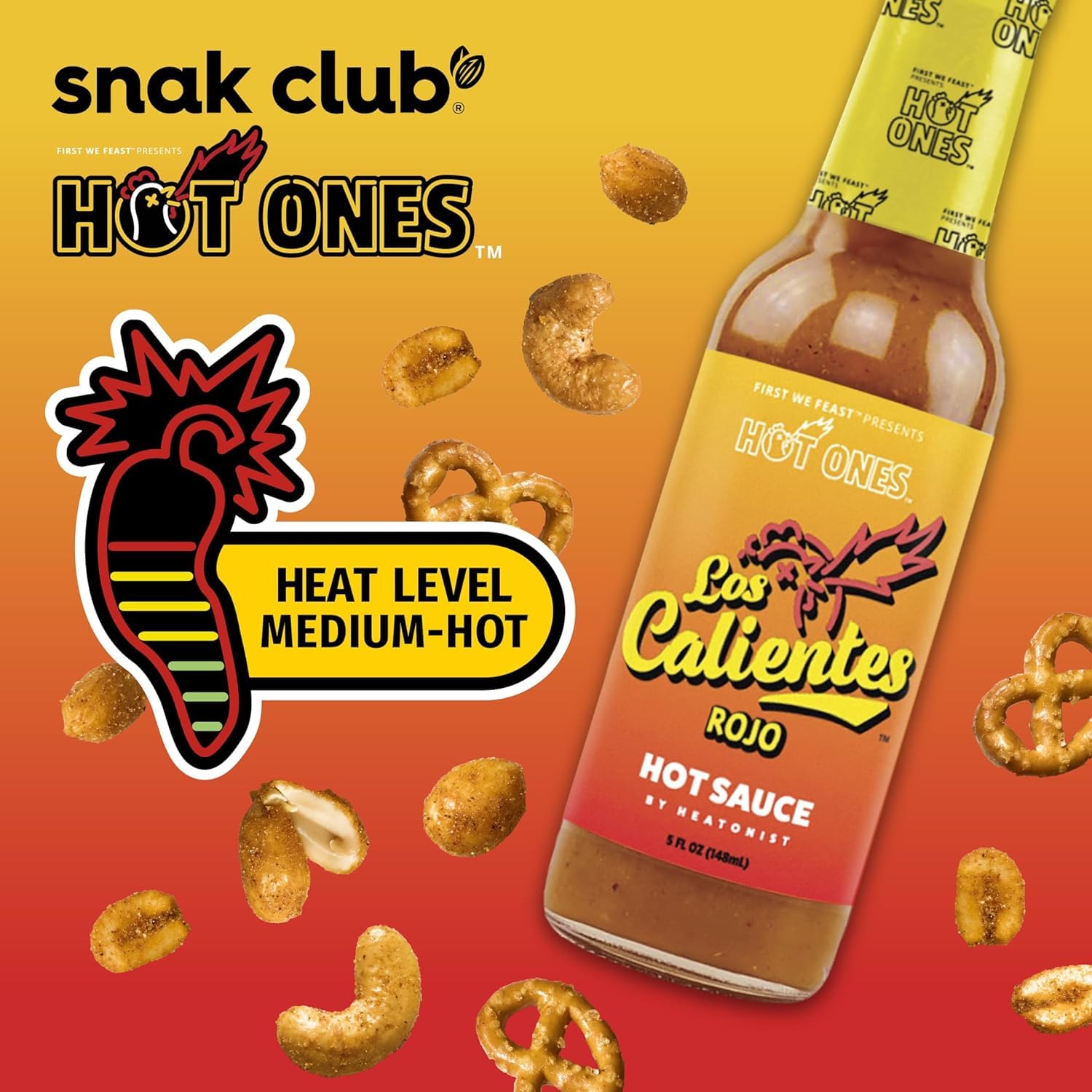 Snak Club x Hot Ones Hot Habanero Snack Mix, Spicy Snacks with Peanuts, Pretzels, Sesame Sticks, Toasted Corn & Cashews, Inspired by Hot Ones Hot