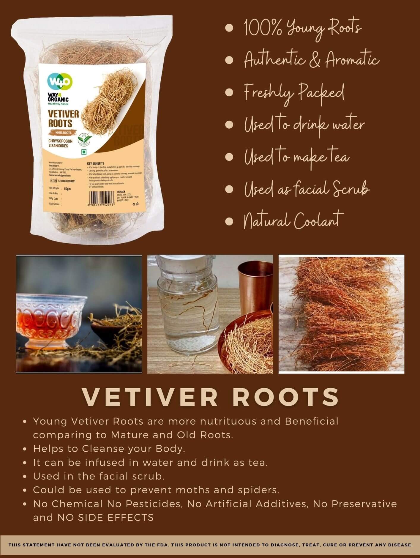 Vetiver Root/Dried Khus-Khus/Vetiveria Zizanioides (50 Grams), Young Roots Not Aged Matured Roots, Natural Herbal Coolant - Way4Organic (1 Pack)