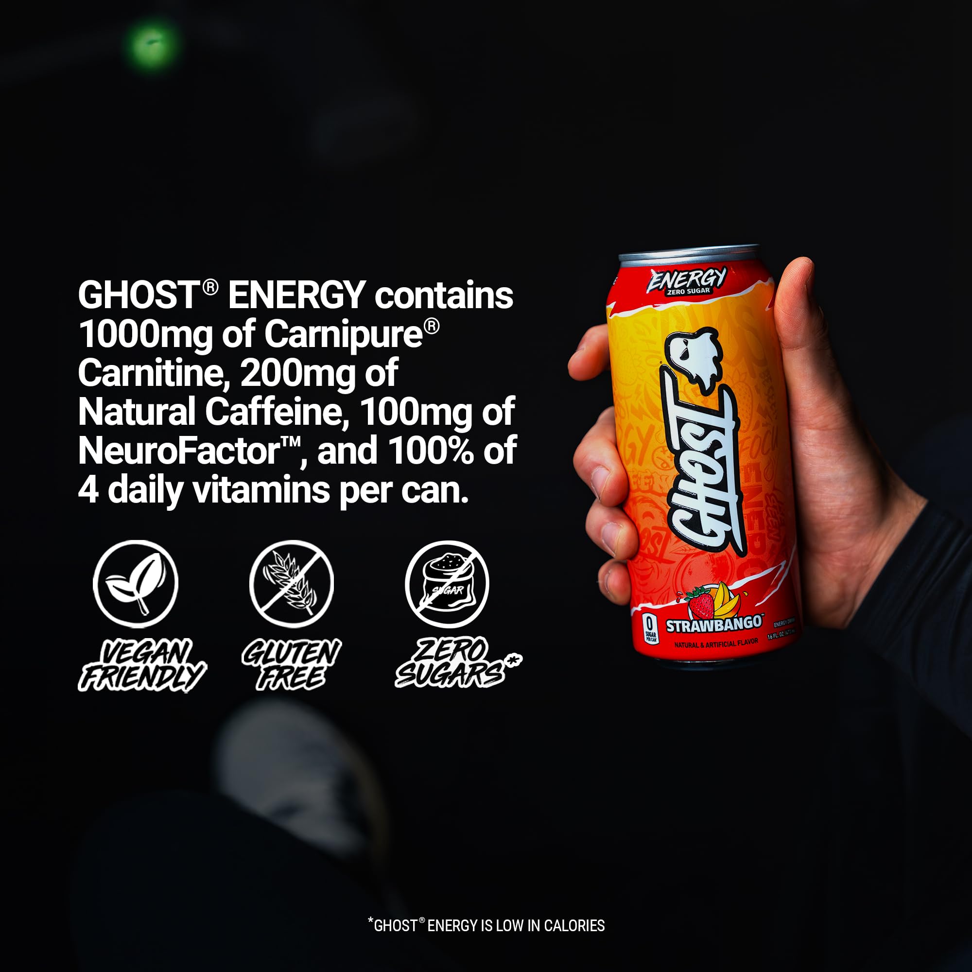 GHOST Energy Drink - 12-Pack, Strawbango, 16oz - Energy & Focus & No Artificial Colors - 200mg of Natural Caffeine, L-Carnitine & Taurine