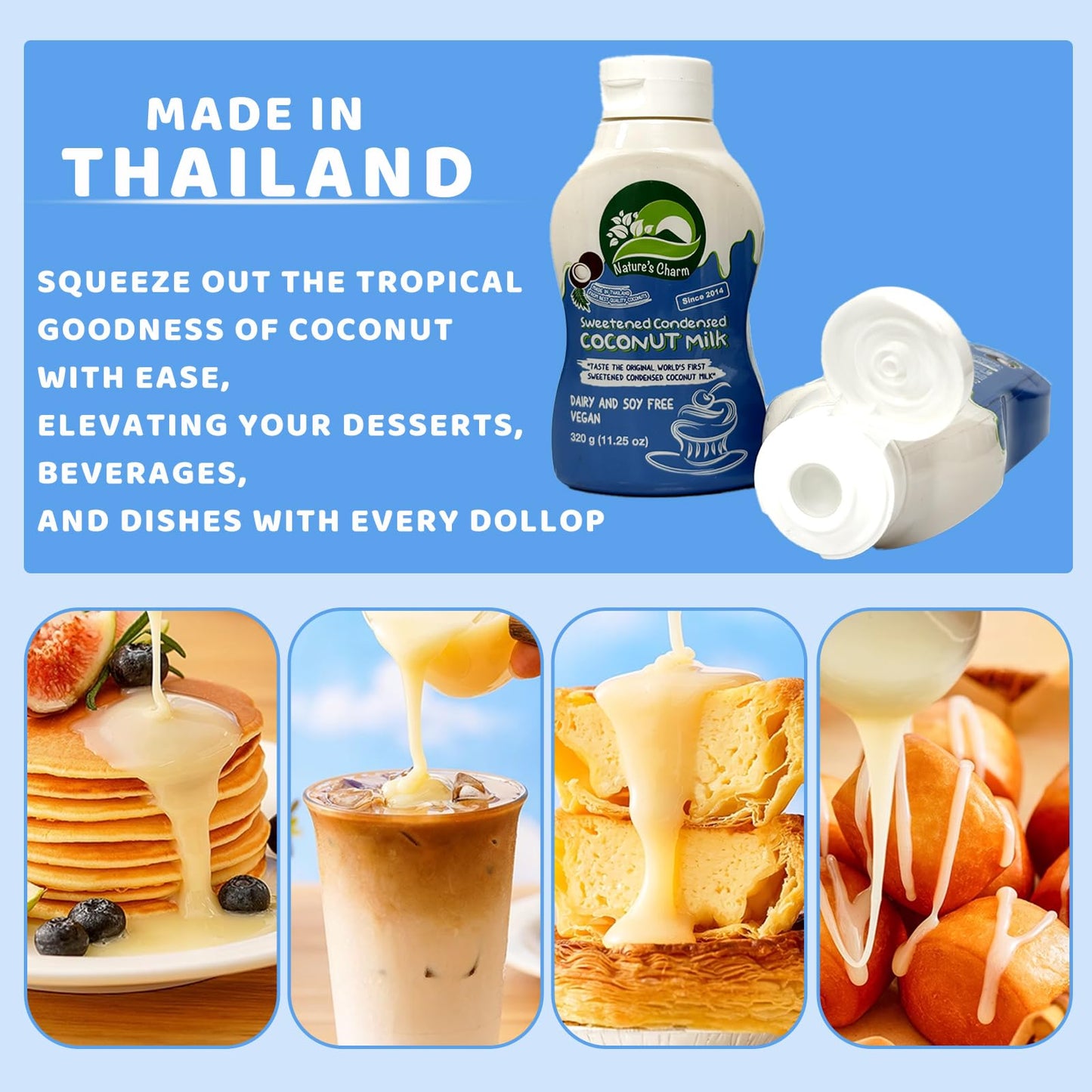 Nature's Charm Sweetened Condensed Coconut Milk, NEW Squeeze Bottle , Dairy and Soy FREE, Vegan, Lactose FREE, Gluten FREE. Rich Coconut Flavor, Good Soure of Calcum-11.25 Ounce (Pack of 2) Combo With FREE KC Commerce Wooden Spoon (2)