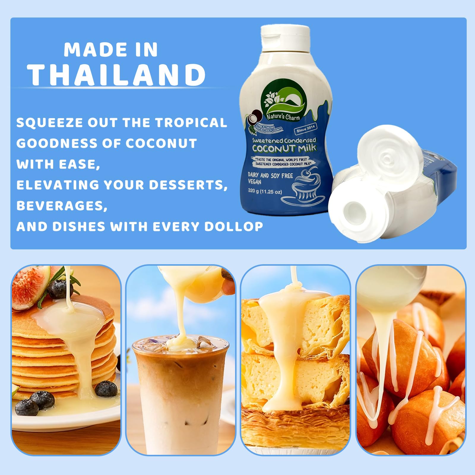 Nature's Charm Sweetened Condensed Coconut Milk, NEW Squeeze Bottle , Dairy and Soy FREE, Vegan, Lactose FREE, Gluten FREE. Rich Coconut Flavor, Good Soure of Calcum-11.25 Ounce (Pack of 2) Combo With FREE KC Commerce Wooden Spoon (2)