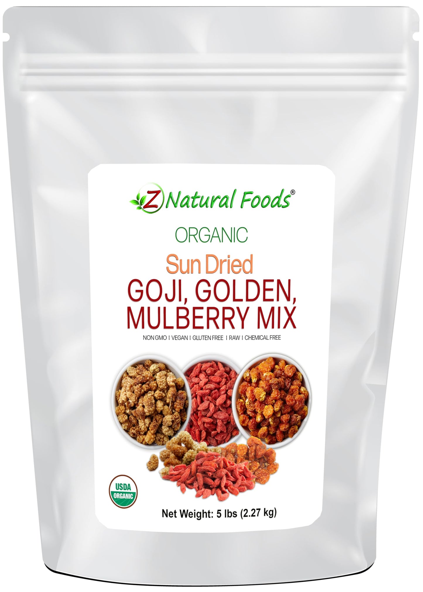 Sun Dried Organic 3 Berry Mix - Goji Berries, Golden Berry White Mulberry - Unsweetened No Sugar Added - Three Delicious Exotic Superfoods For Snacks