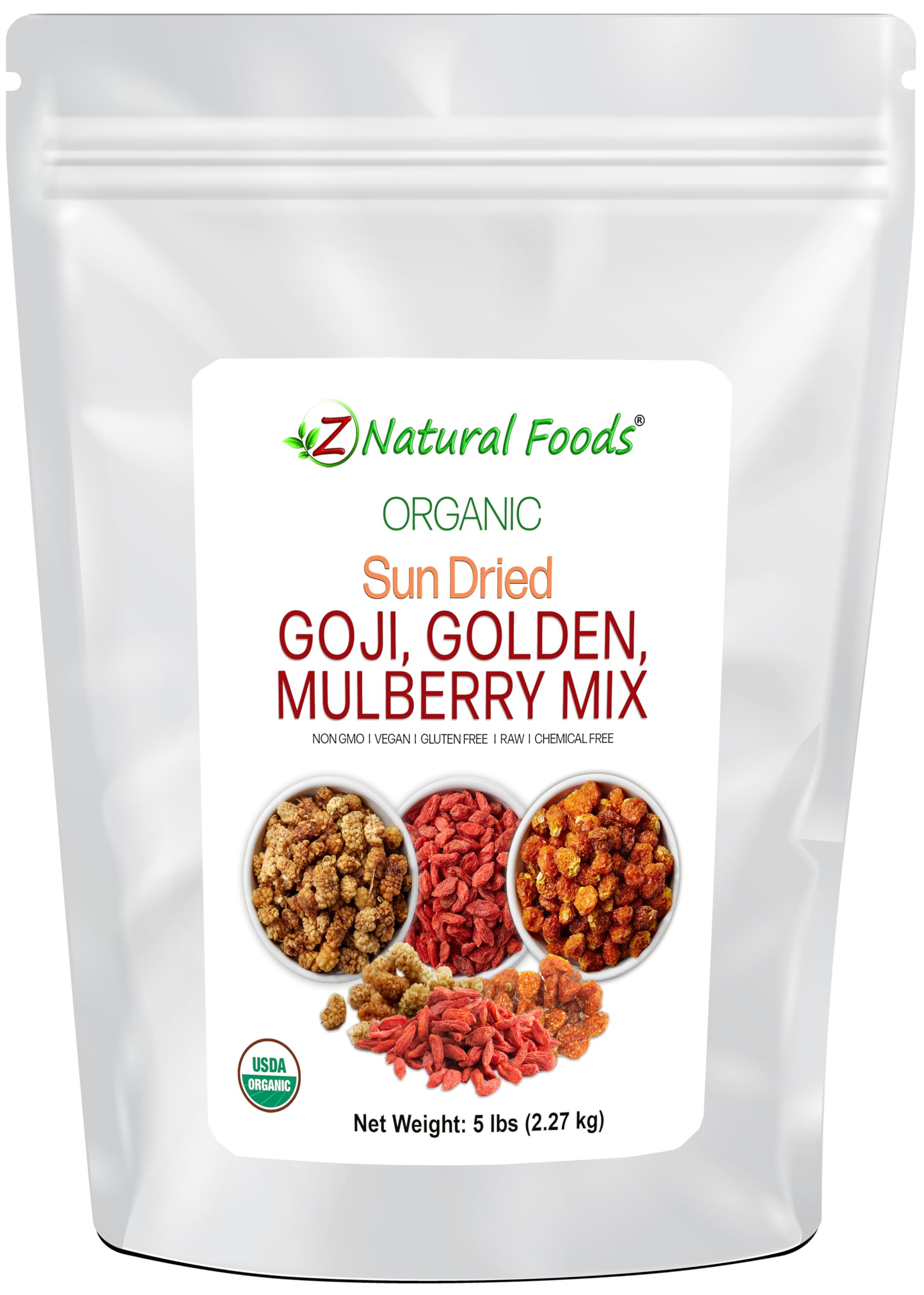 Sun Dried Organic 3 Berry Mix - Goji Berries, Golden Berry White Mulberry - Unsweetened No Sugar Added - Three Delicious Exotic Superfoods For Snacks