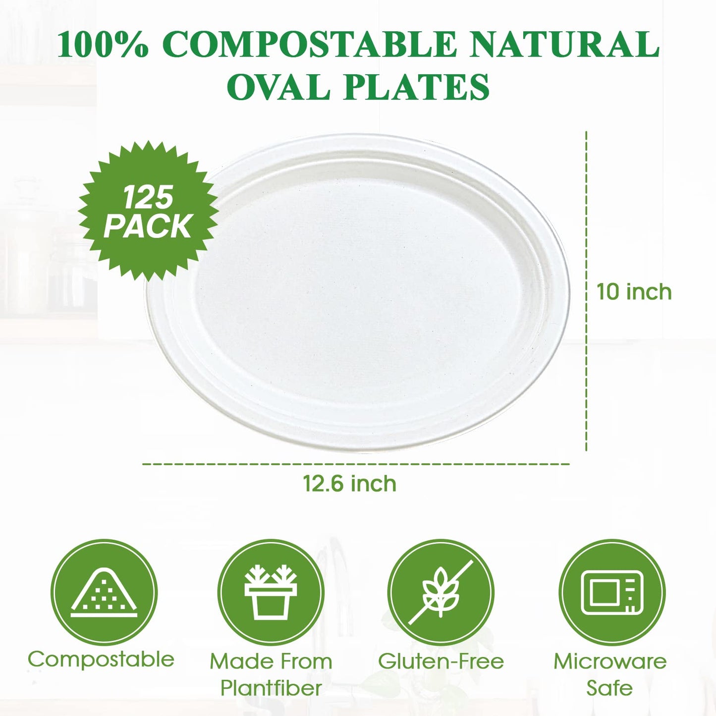 Vplus 100% Compostable Oval Paper Plates 12 inch 125 Pack Super Strong Disposable Paper Plates Bagasse Natural Biodegradable Eco-Friendly Sugarcane