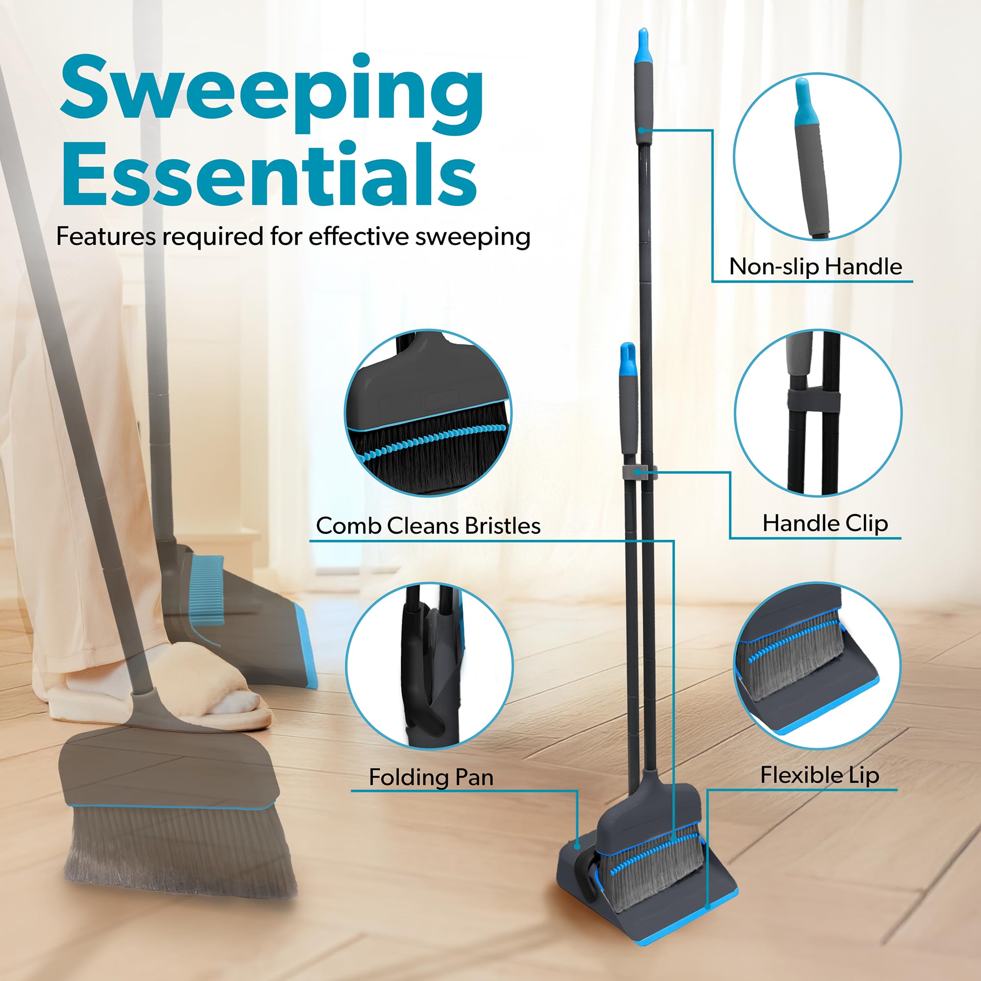 BLACK+DECKER Butler Broom & Dustpan Set - Short Handle, Stand-Up Design - Lightweight, Space-Saving Combo for Kitchen, Living Room, Bathroom, Lobby