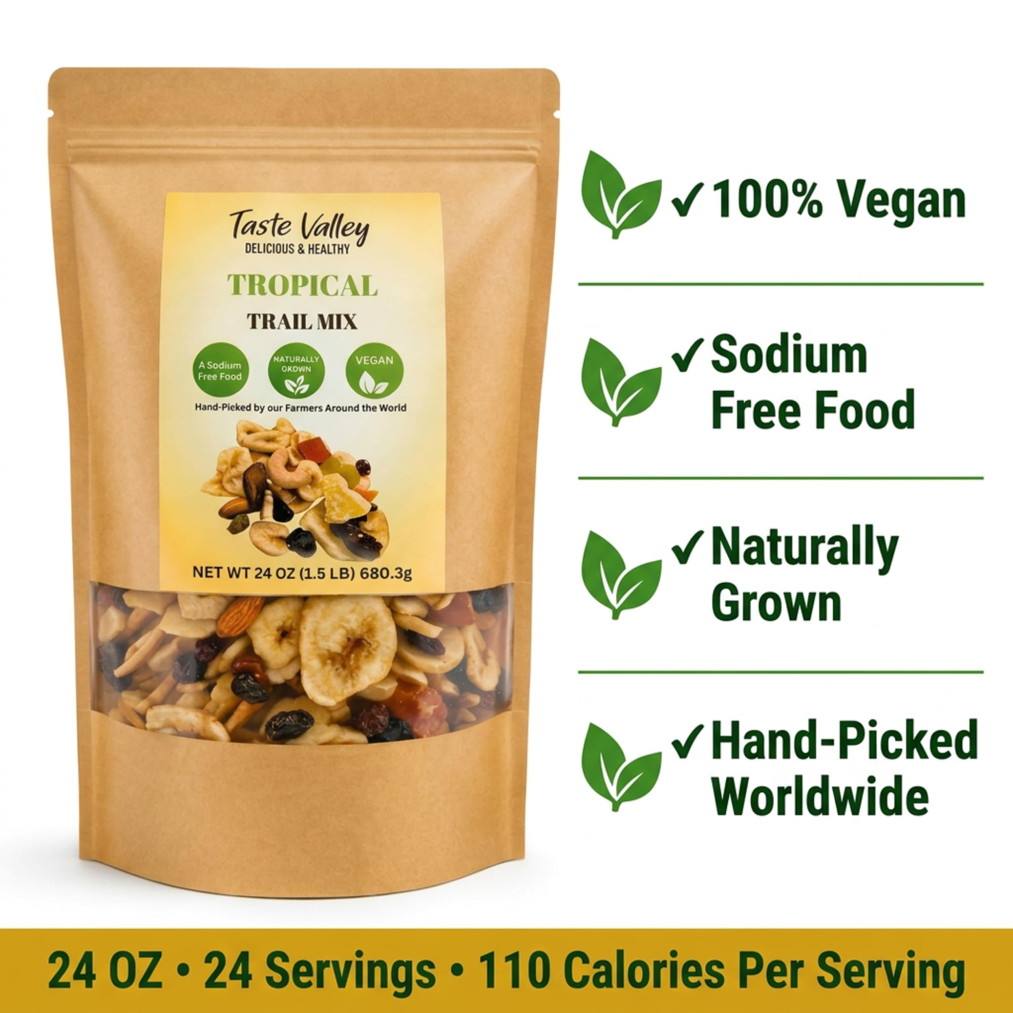 Taste Valley Tropical Trail Mix - Banana Chips, Papaya, Pineapple, Cranberries, Almonds & Cashews - Healthy Fruit & Nut Snack Mix, 24 oz Resealable
