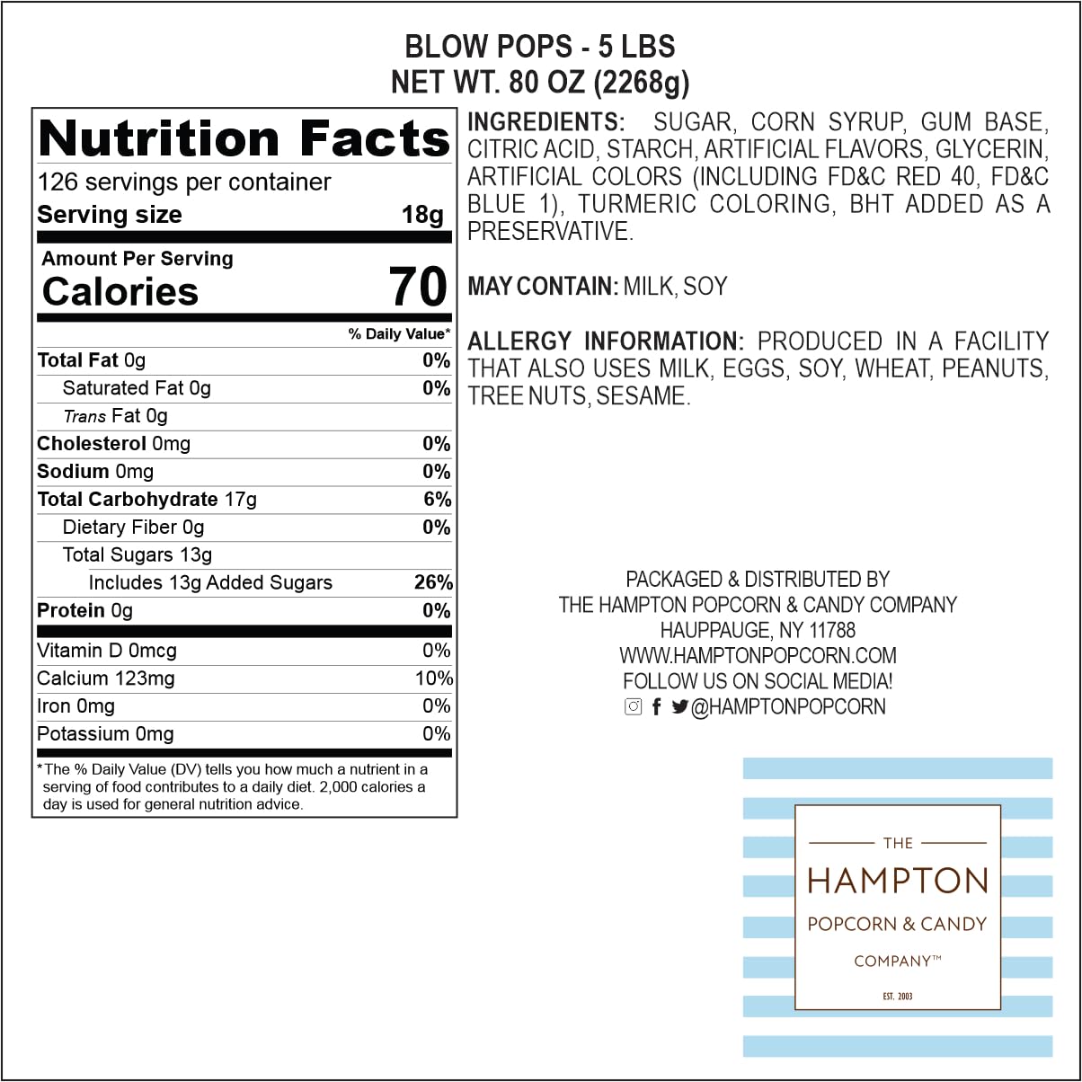 Charms Blow Pops, 3lb Bulk Bag (Approx 68), Assorted Fruit Flavored Bubble Gum Filled Lollipops, Individually Wrapped Bulk Hard Candy, The Hampton