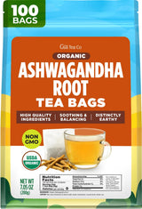 Gya Tea Co Organic Ashwagandha Root Tea Bags (100 Bags) - Caffeine-Free Herbal Tea With Adaptogens for Calm & Wellness - Promotes Relaxation, Pure
