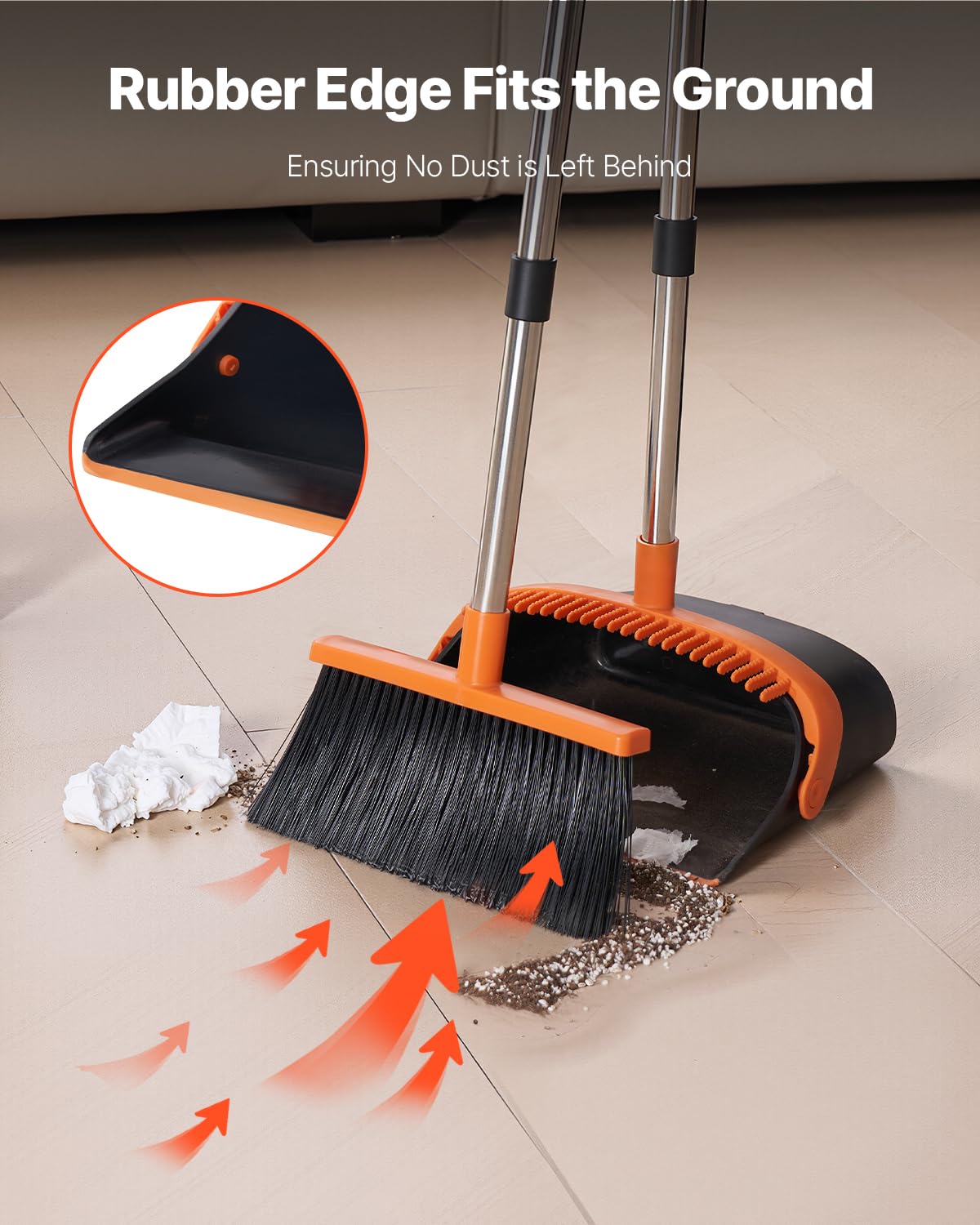 VEVOR Broom and Dustpan Set, Heavy Duty Dustpan and Broom Combo with Self-Cleaning Teeth, Metal Upright Standing Dust Pan with Long Handle, Ideal