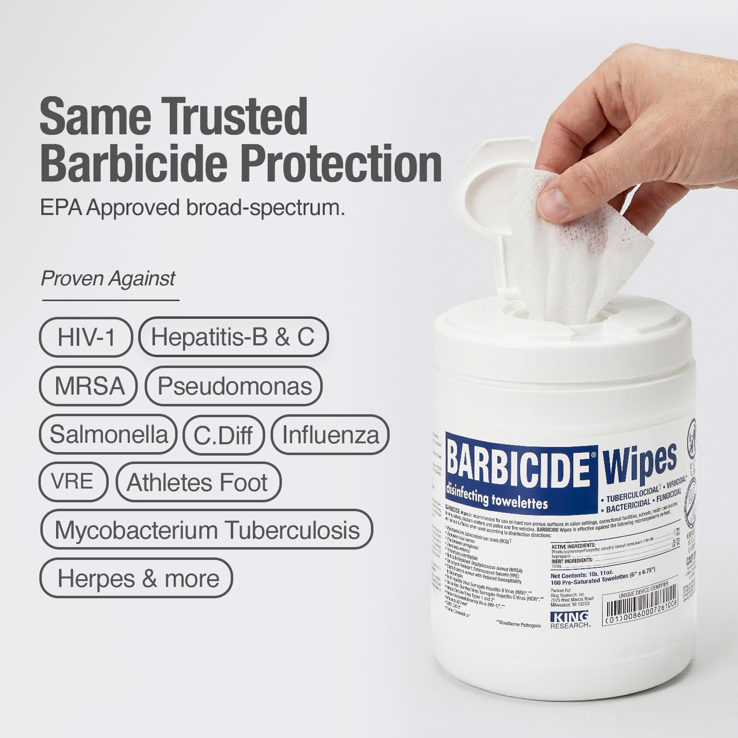 BARBICIDE Professional Disinfecting Wipes - 2 Pack (160 Count Each) - 2-Minute Hospital-Grade Kill Time, EPA-Registered Surface Wipes - Bactericidal