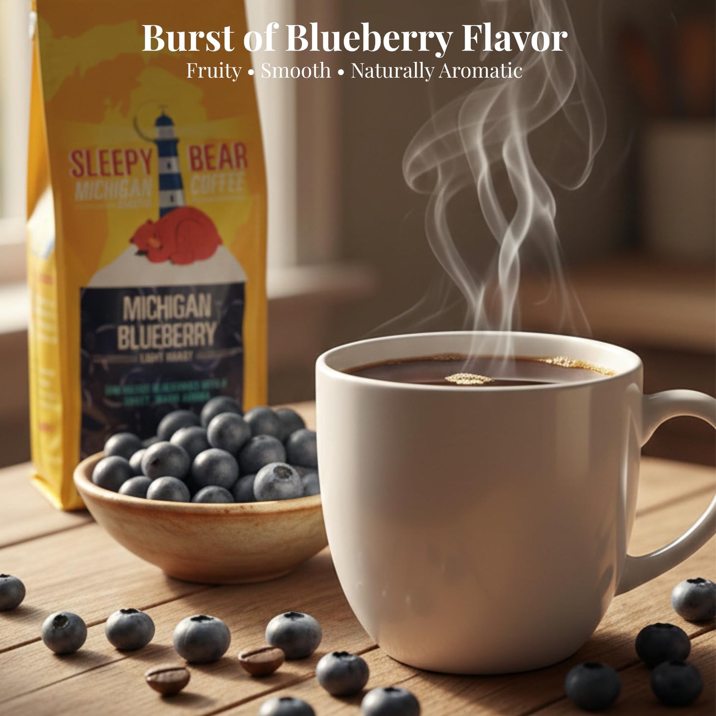 Sleepy Bear Michigan Blueberry Ground Coffee - Flavored Light Roast Arabica Fruit-Flavored Coffee with Real Blueberry Taste No Sugar Added 16oz