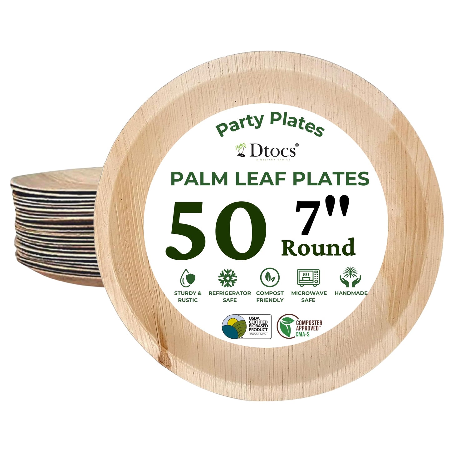 Dtocs Palm Leaf Plates 7 Inch Round (50) | Bamboo Plates Disposable Look Compostable Dinnerware Sets for Cocktail, Appetizer, Dessert, Mini