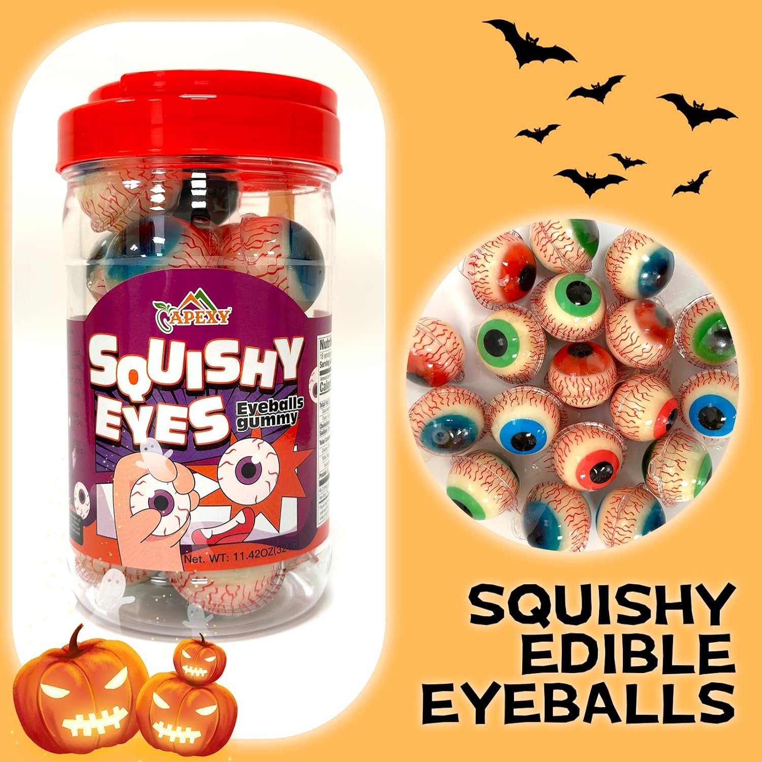 Apexy Eyeball Gummies - with Fruity Liquid Center Eyeball Candy for Halloween, Birthday, Trick Or Treat, Party Candy - Jelly Filled Gummies, Fat Free
