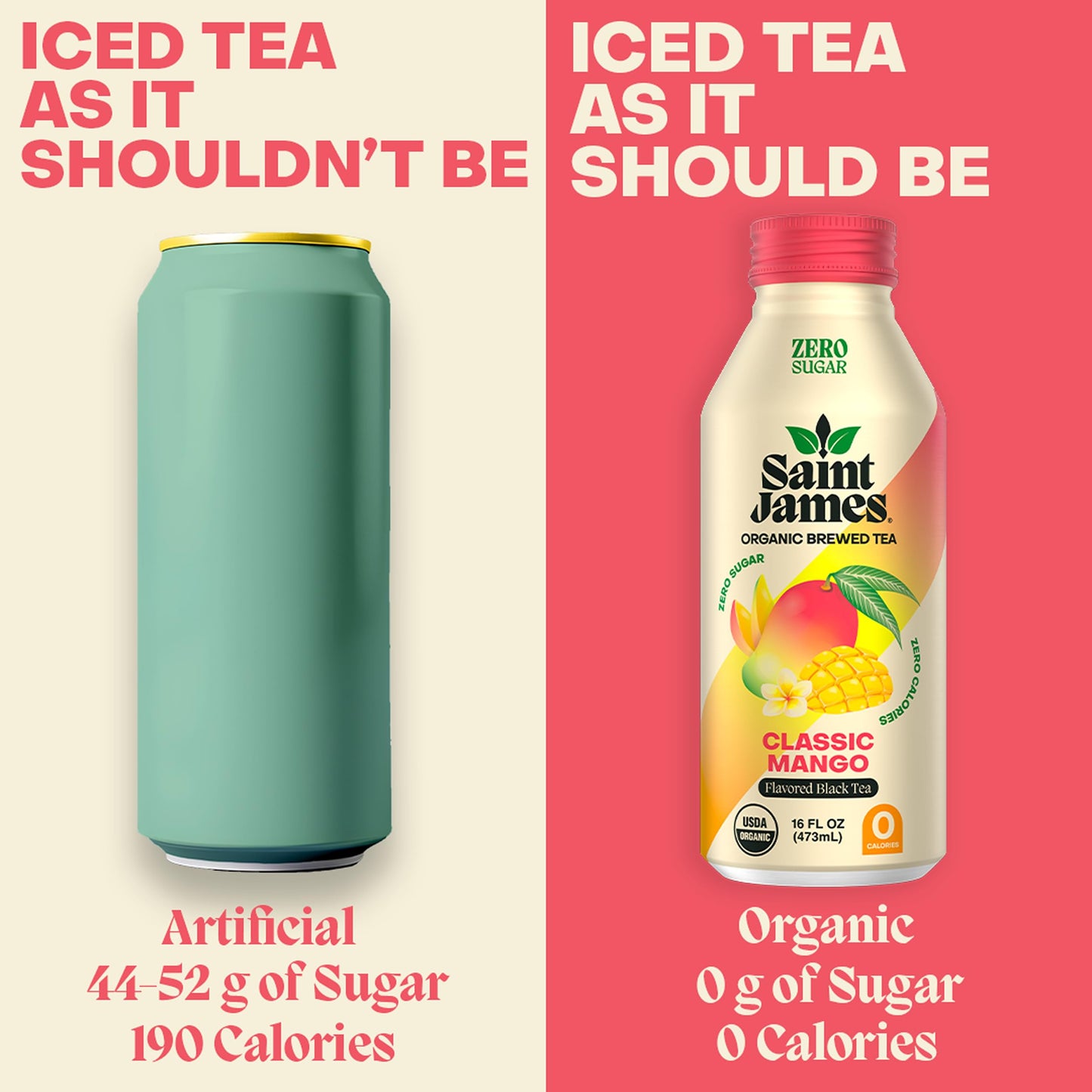 Saint James Iced Tea - Organic Black Tea - Non-GMO, Gluten Free, Zero Calorie, Zero Sugar - Classic Mango, 12 Pack (16 fl oz each)