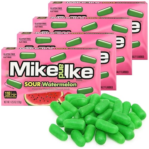Mike and Ike Sour Watermelon, 4 Pack of Movie Theater Candy Boxes 4.25 OZ Each, Ideal Mike and Ike for Your Favorite Films, Perfect for Sharing