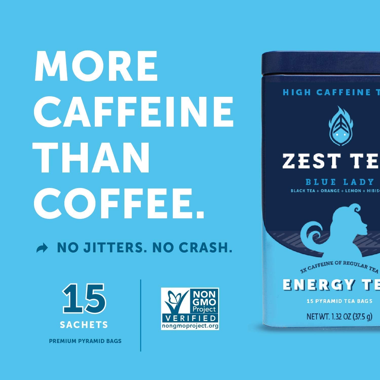 Zest Energy Tea Bags - Blue Lady Passion Fruit Black Tea - High Caffeine Tea for Morning Energy, Focus & Clarity - Natural Caffeinated Tea with 150mg