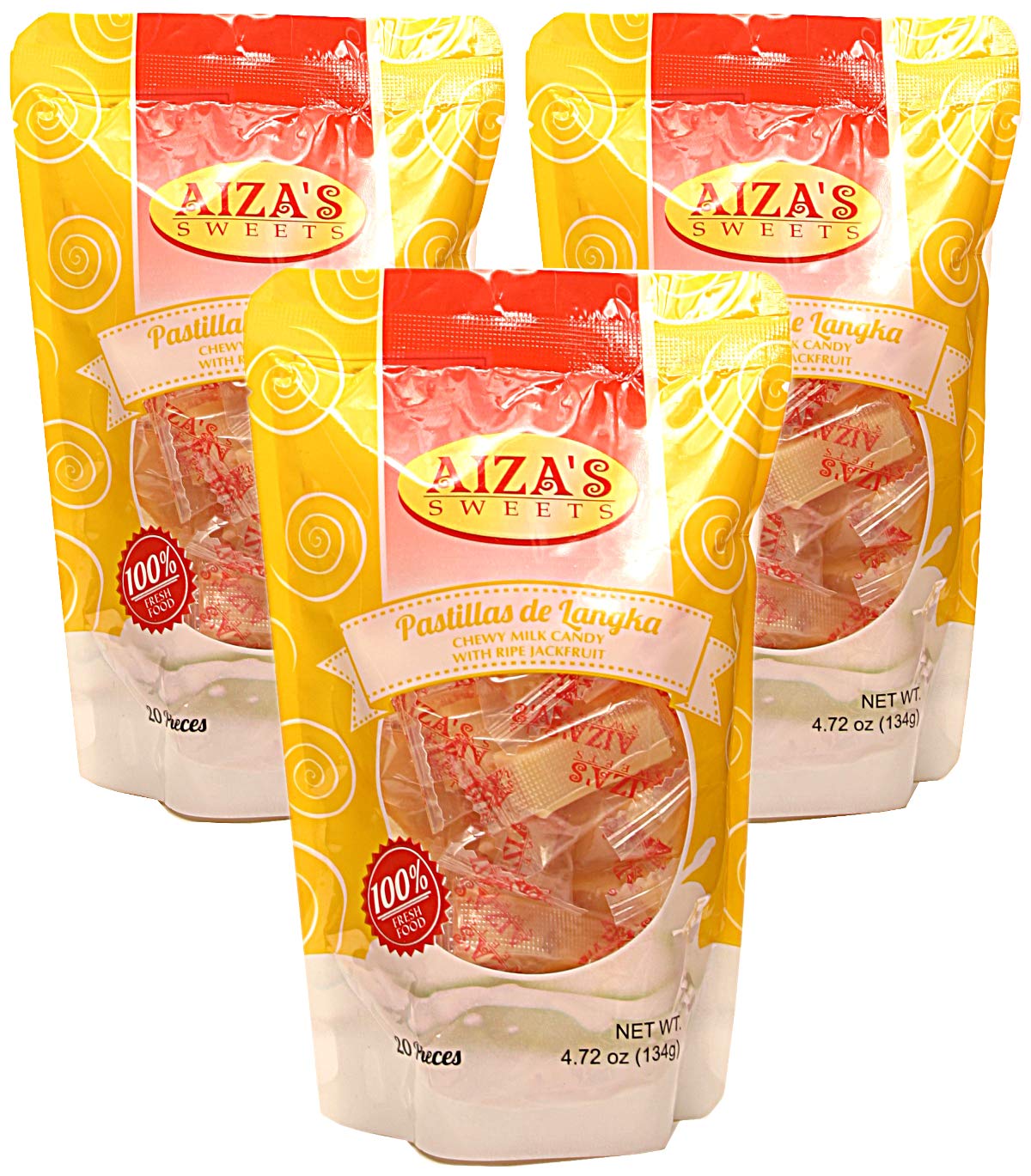 Aiza's Sweets, Pastillas de Langka - Chewy Milk Candy with Ripe Jackfruit (Pack of 3), Imported from The Philippines, 4.72 oz (each)