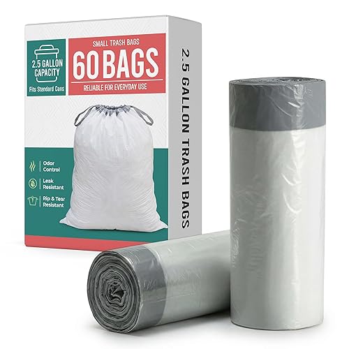 Small Trash Bags 2.5 Gallon (6L) - 60 Count Premium Heavy Duty Garbage Bags, Strong Tear-Resistant, Leak-Proof, Perfect for Bathroom, Office & Bedroom