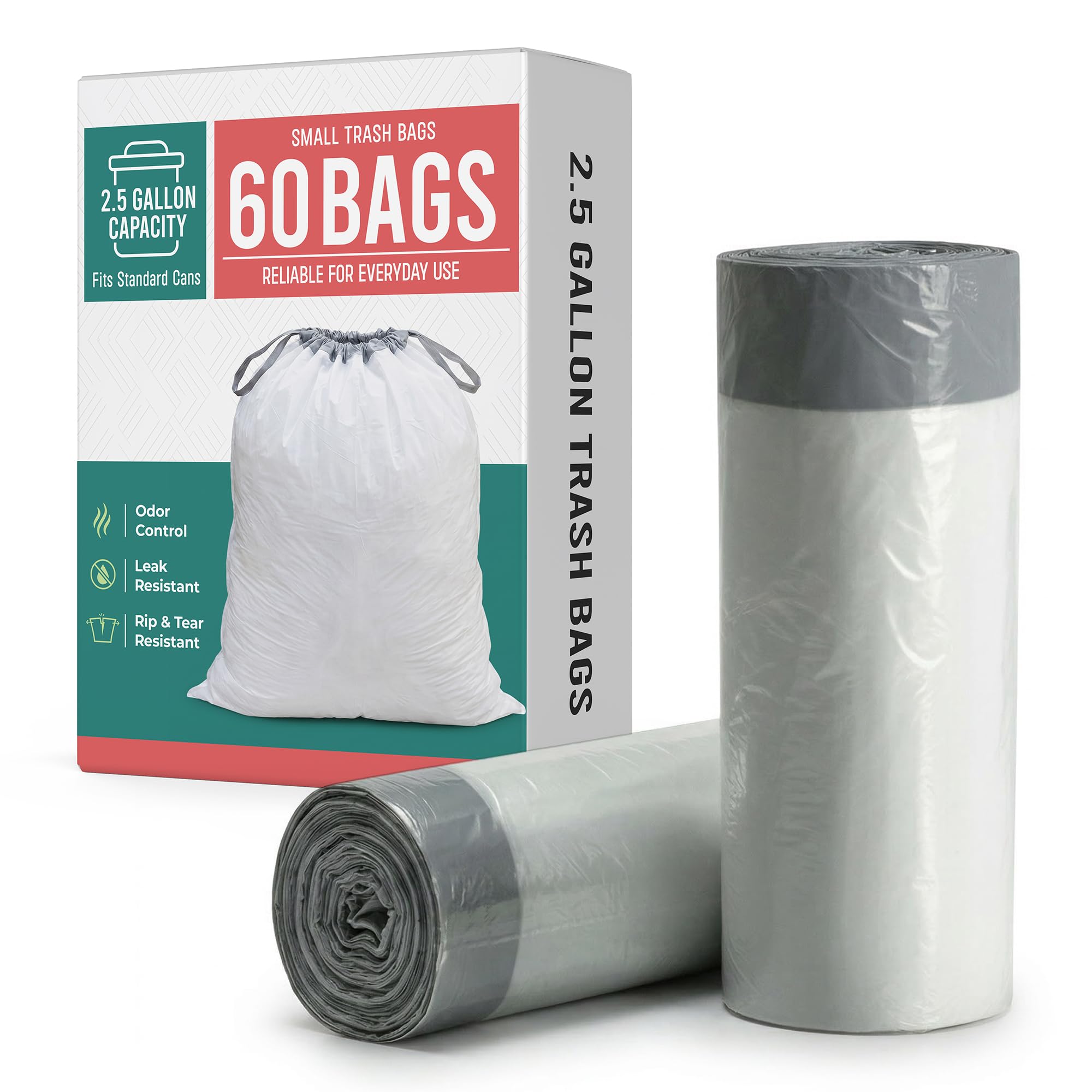 Small Trash Bags 2.5 Gallon (6L) - 60 Count Premium Heavy Duty Garbage Bags, Strong Tear-Resistant, Leak-Proof, Perfect for Bathroom, Office & Bedroom
