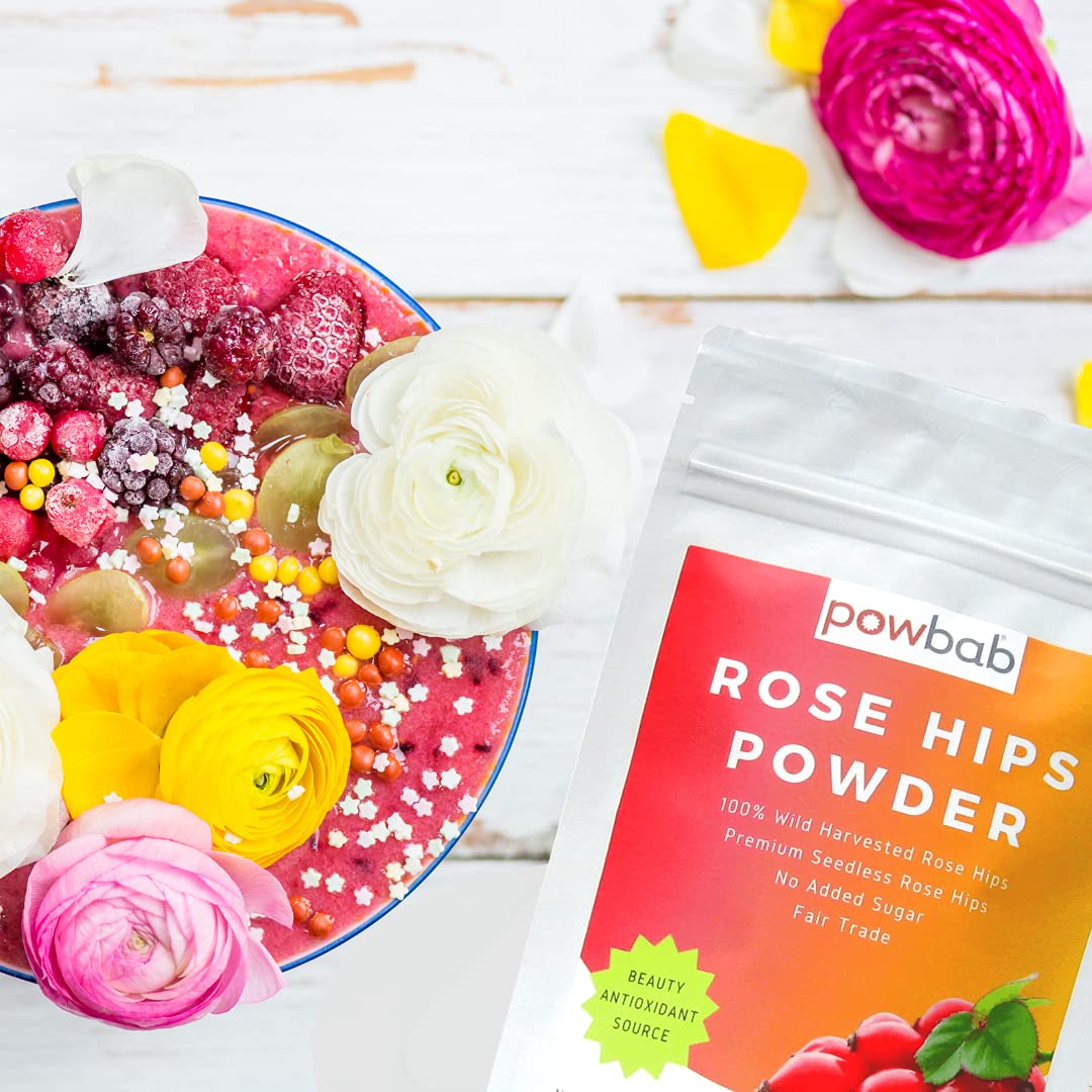 powbab Rose Hips Powder from 100% Wild Organic Rosehip. Premium Rosa Rubiginosa. Seedless Ground Rosehips from Whole Dried Rose Hips. No Added Sugar