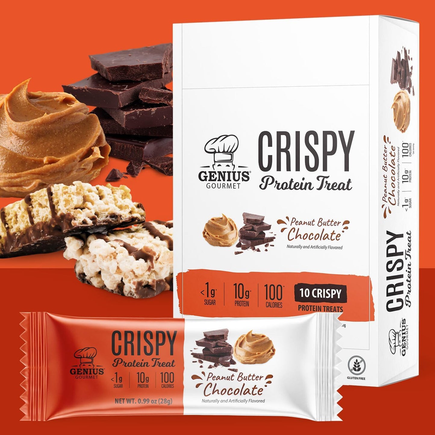 Genius Gourmet Crispy Protein Treat, Chocolate Peanut Butter, Keto Snack, Low Carb, Low Sugar & Gluten Free, Protein Snacks for Adults, 10G of Whey
