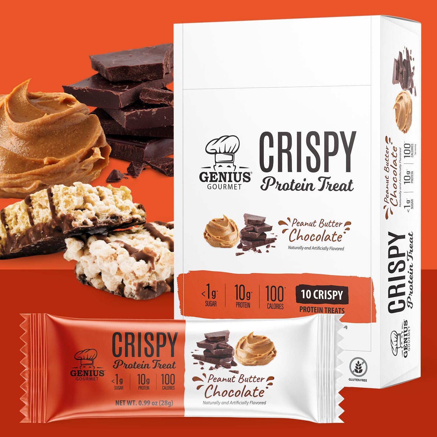Genius Gourmet Crispy Protein Treat, Chocolate Peanut Butter, Keto Snack, Low Carb, Low Sugar & Gluten Free, Protein Snacks for Adults, 10G of Whey