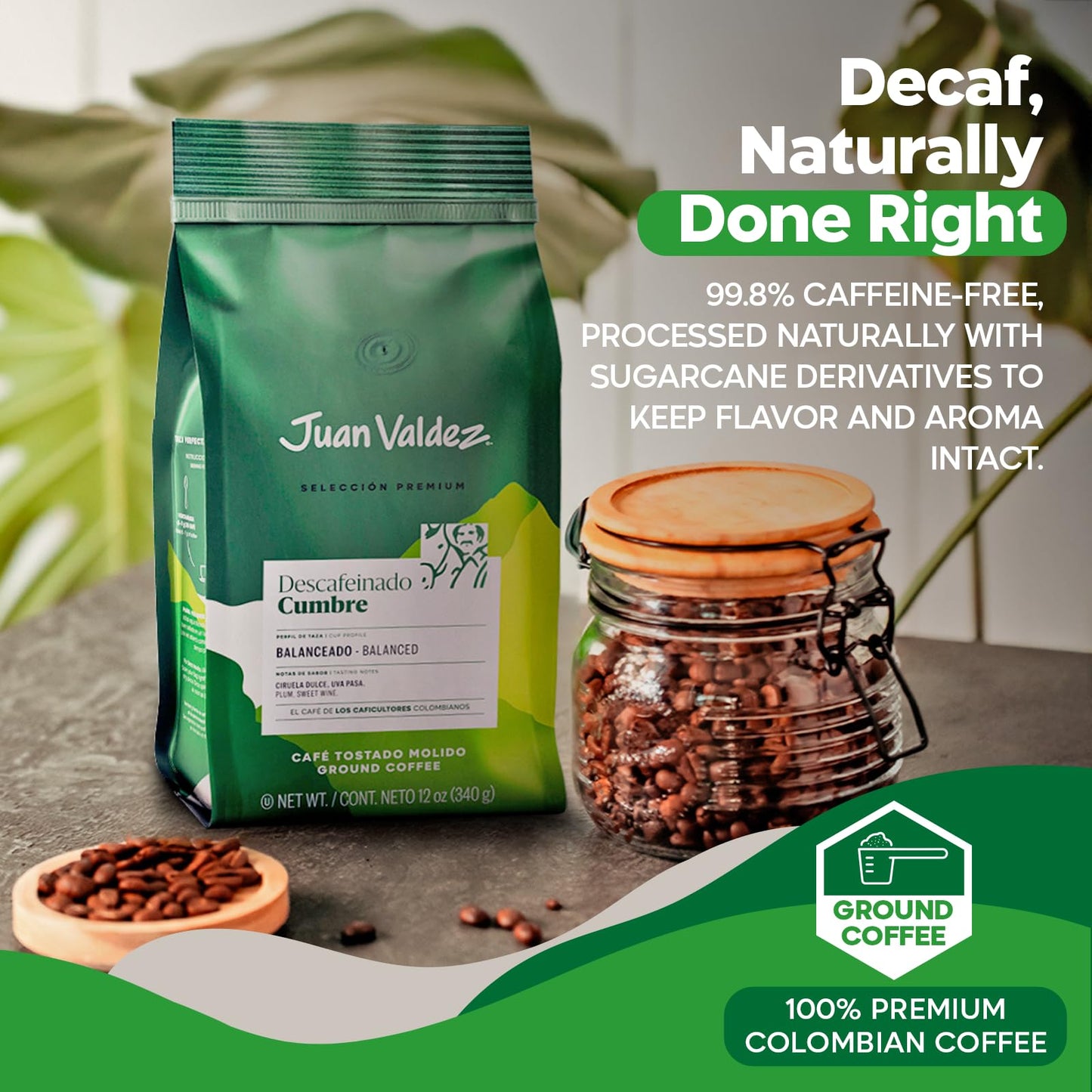 Juan Valdez Cumbre Decaffeinated Ground Coffee - Balanced Roast | 12 oz / 340 g | Decaf With Sweet Plum & Raisin Notes