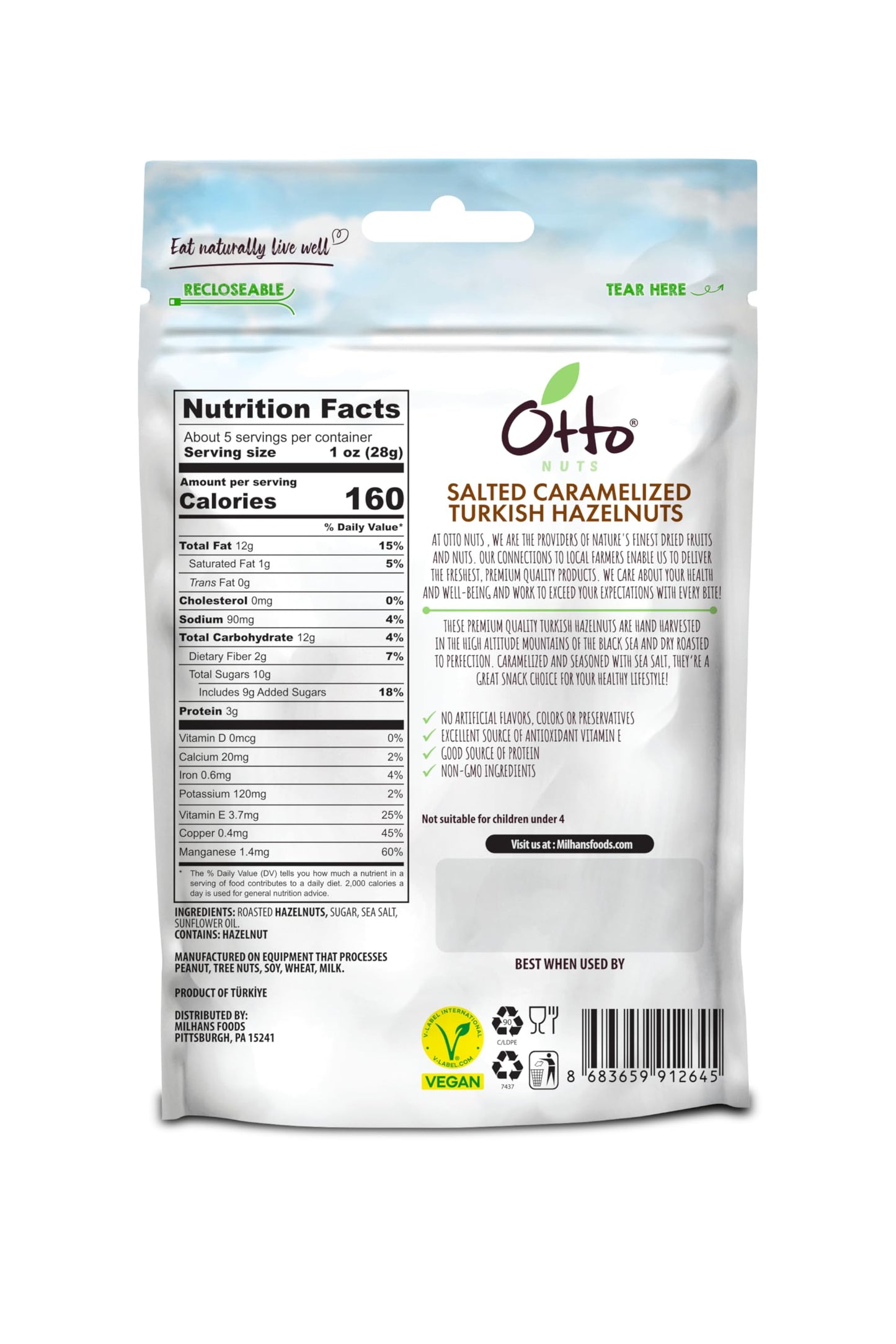 Otto Nuts - Salted Caramelized Turkish Hazelnuts, Non-GMO Naturally Vegan Snack, Good Source of Protein | 5 OZ with Resealable Bag