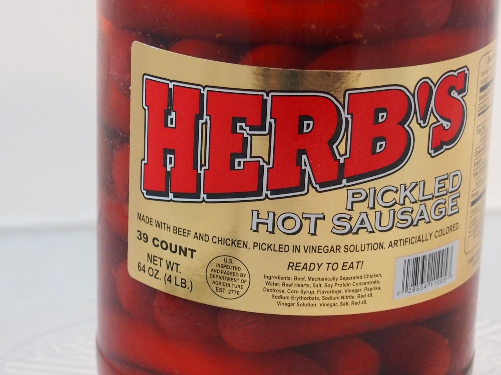 Herbs RED HOT Pickled Sausage (1 Gal. Jar) 39 Count Beef & Chicken No Pork ( From Jersey Candy Company)