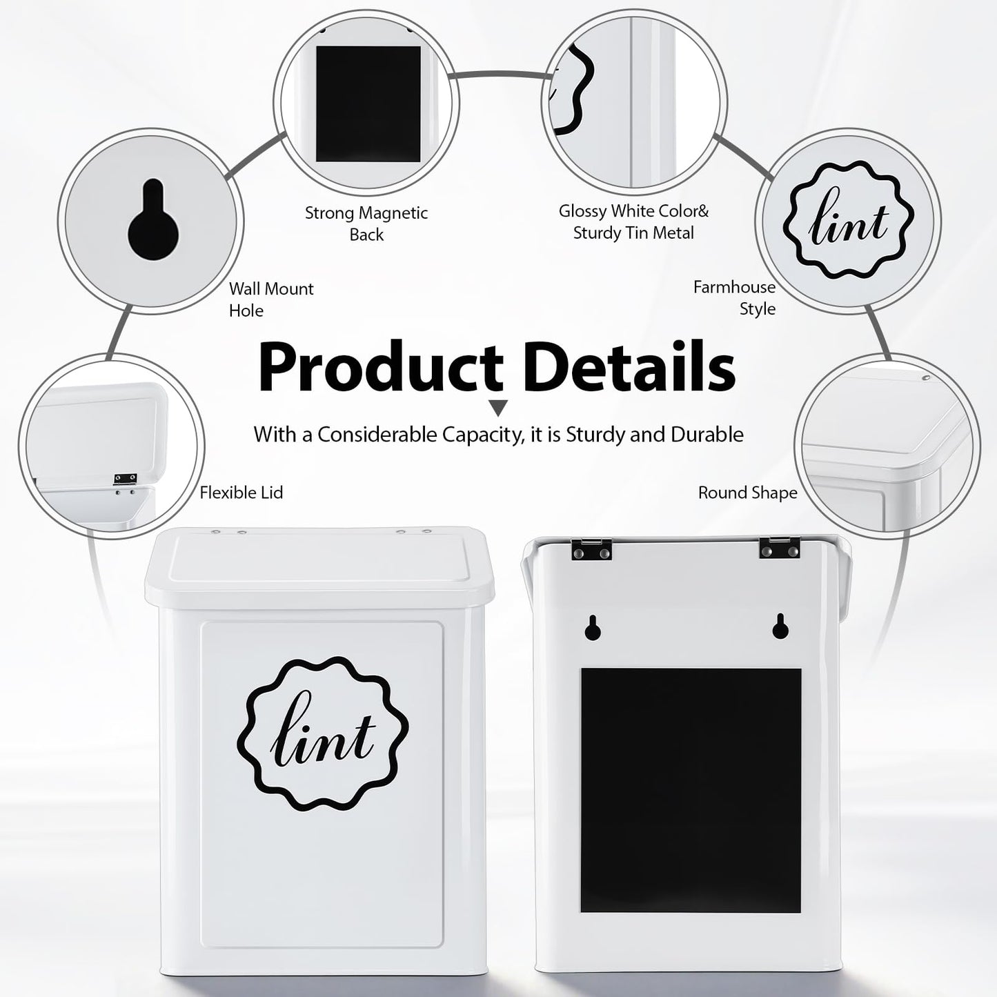 Sugoods Magnetic Lint Trash Can, Metal Wall Mounted Lint Bin with Lid for Dryer, Laundry Room Organization, Lint Basket with Extended Soft Brush