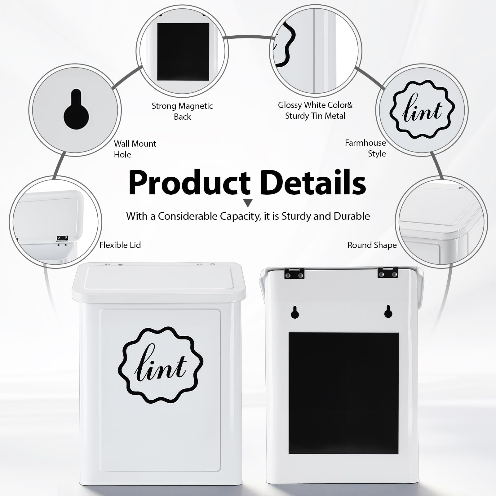 Sugoods Magnetic Lint Trash Can, Metal Wall Mounted Lint Bin with Lid for Dryer, Laundry Room Organization, Lint Basket with Extended Soft Brush