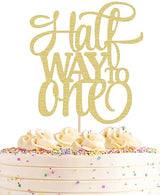 AHAORAY Half Way To One Cake Topper - Gold Glitter 6 Months Birthday Decorations Supplies - Half Birthday Decorations Baby Girl, for Baby