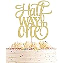 AHAORAY Half Way To One Cake Topper - Gold Glitter 6 Months Birthday Decorations Supplies - Half Birthday Decorations Baby Girl, for Baby