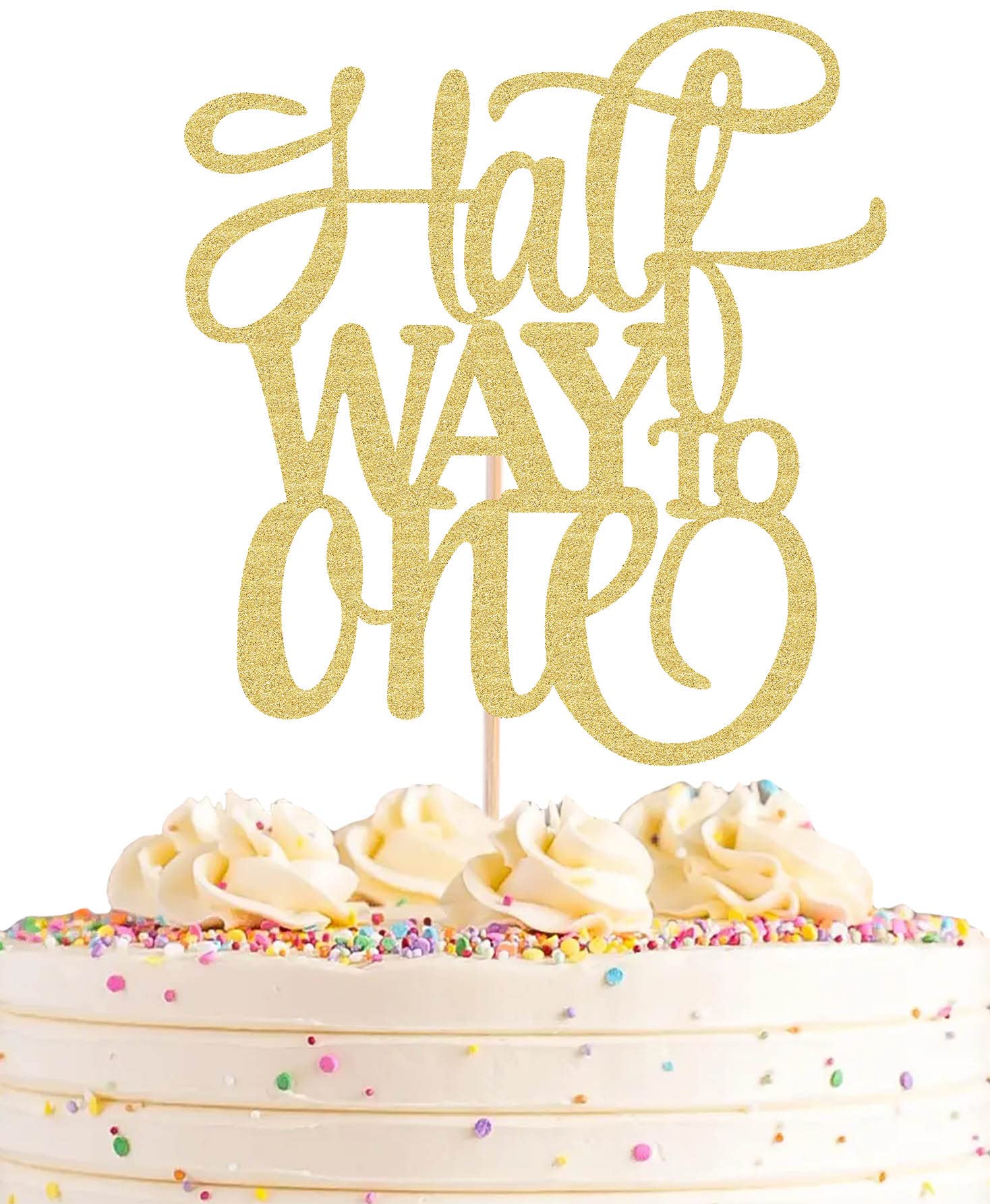 AHAORAY Half Way To One Cake Topper - Gold Glitter 6 Months Birthday Decorations Supplies - Half Birthday Decorations Baby Girl, for Baby