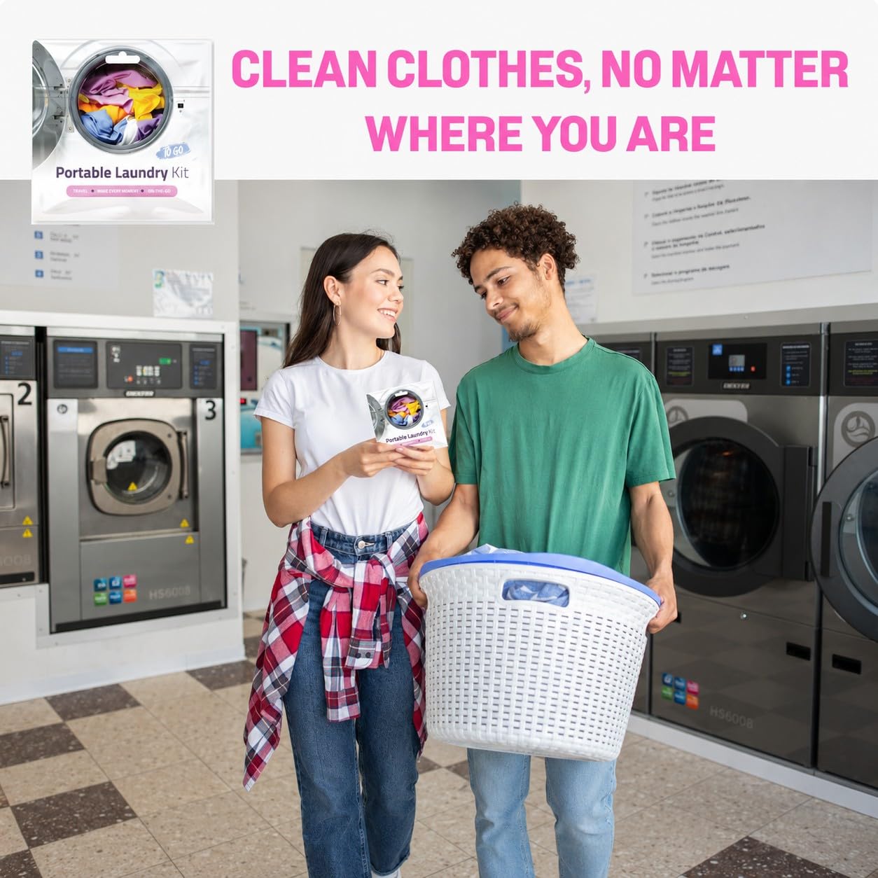 Portable Laundry Kit - Travel Clothes Cleaning Essentials with Liquid Detergent, Stain Remover Wipe, Dryer Sheet & Laundry Bag - Bulk Supply